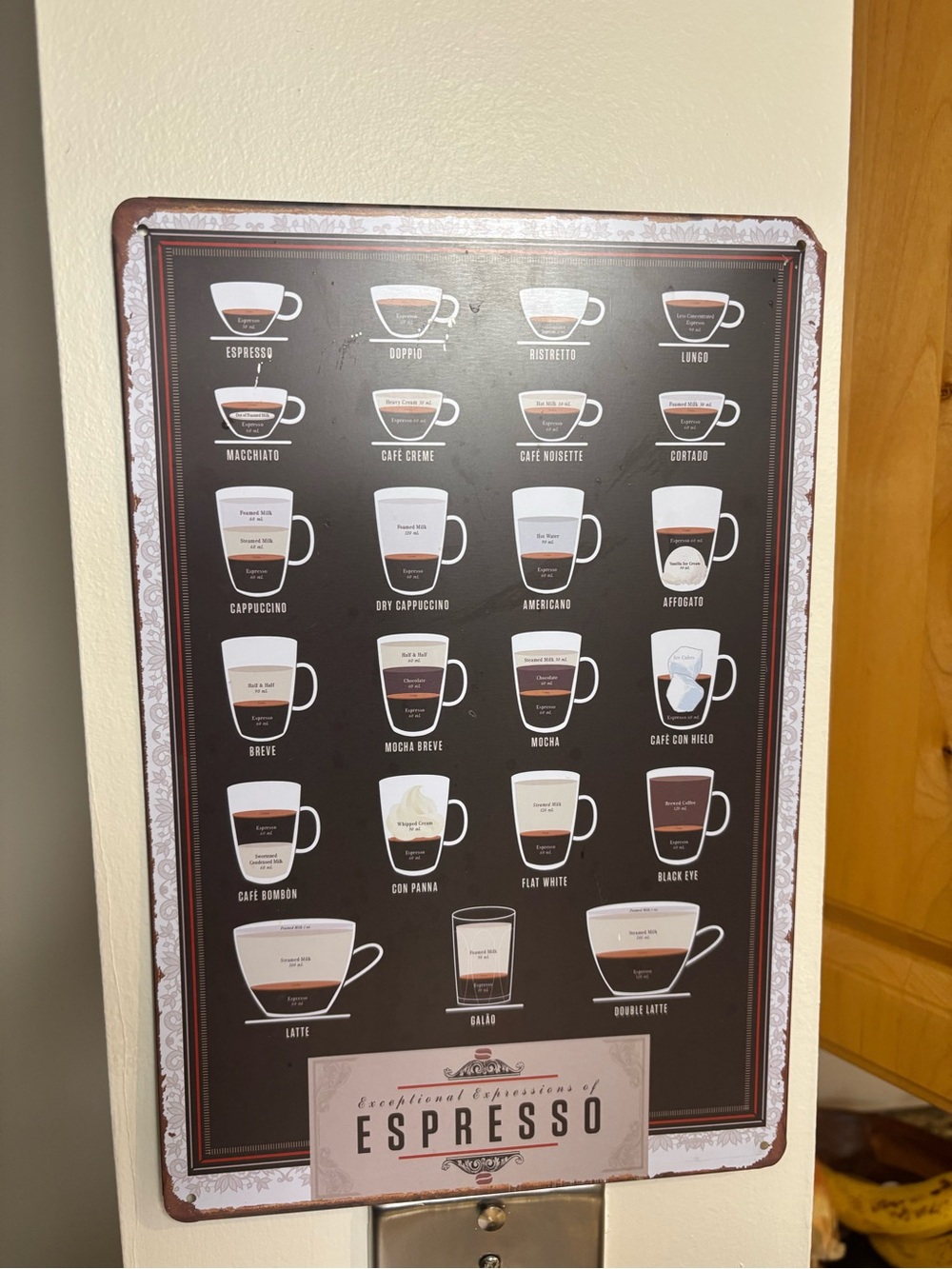 Espresso Drinks Metal Wall Sign - Brown & Cream